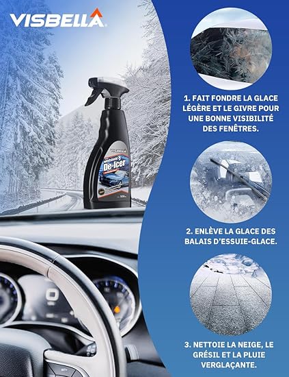 Visbella Dégivrant Spray 500ml - Dégivrant Rapide pour Pare-Brise, Serrures et Vitres - Élimine Glace et Givre Instantanément, Protection Anti-Reformation