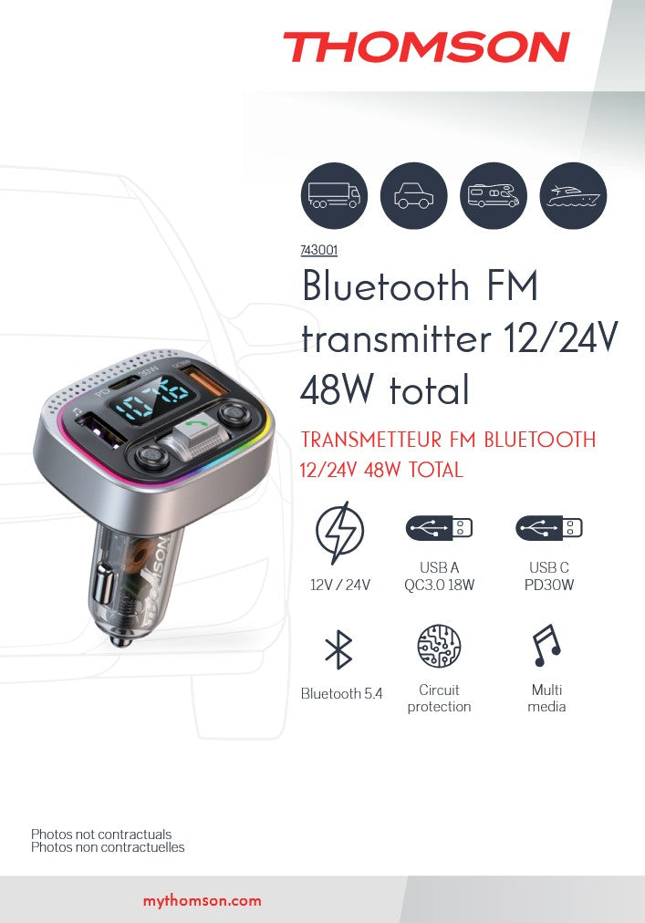 Thomson - TRANSMETTEUR FM BLUETOOTH 12/24V QC 3.0 (18W) + PD 30W
