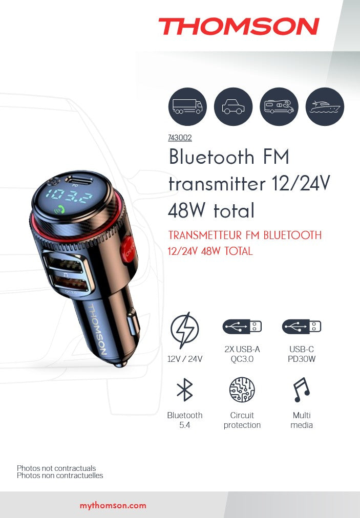 Thomson - TRANSMETTEUR FM BLUETOOTH 12/24V Triple sortie USB