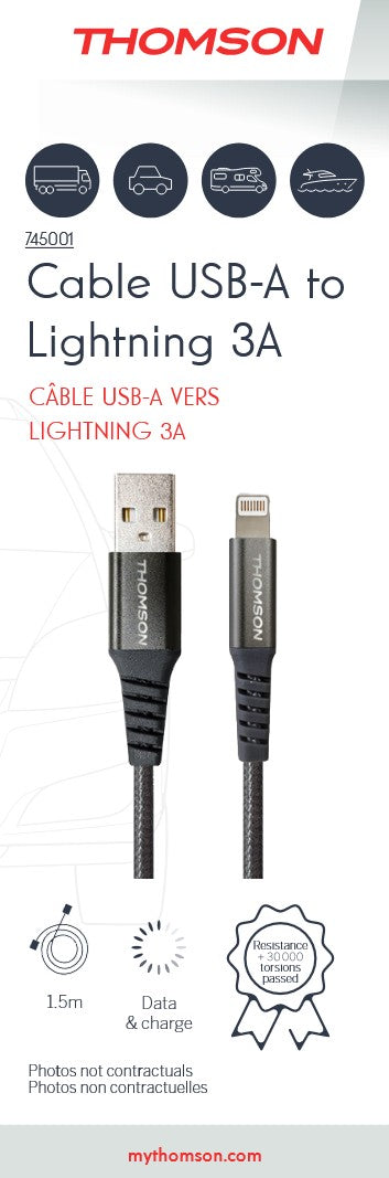 Thomson - CABLE DE CHARGE & DONNEES USB-A vers LIGHTNING 3A 1,5M