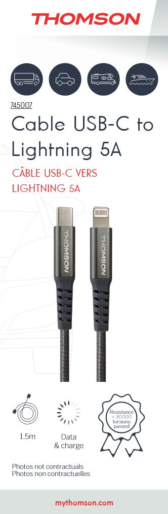 Thomson - CABLE DE CHARGE & DONNEES USB-C vers Lightning 5A 1,5M