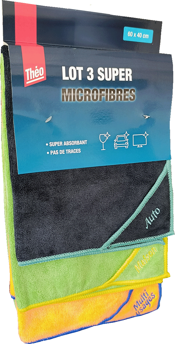 Théo - Lot de 3 Super Microfibres - POUVOIR SUPER ABSORBANT - Pas de traces - Idéal Maison, Auto, Bricolage - Taille 60X40 400g/m²