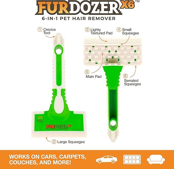 Neater Pet Brands FurDozer X6 Ramasse Poils Animaux et Outil pour Auto 6-en-1 - Anti-Poils d'animaux - Raclette Anti-Poils d'animaux - Retire Fourrure, Peluches et Plus Encore sur Diverses Surfaces