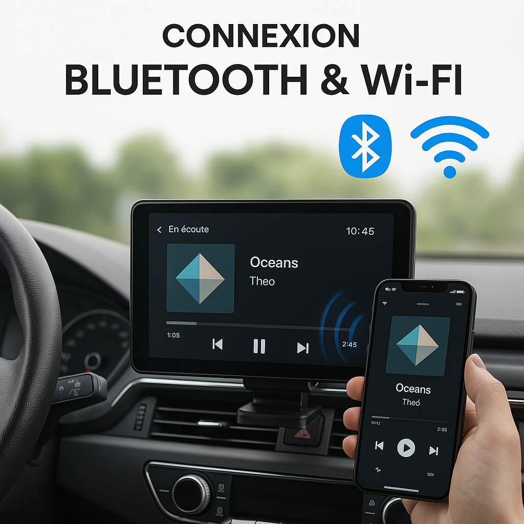 Théo - Écran Tactile Voiture 7" – CarPlay & Android Auto | Bluetooth, Wi-Fi, Siri, Mirror Link | Contient 1 Support, 1 Câble USB C, 1 Câble Aux, 1 Prise Allume Cigare