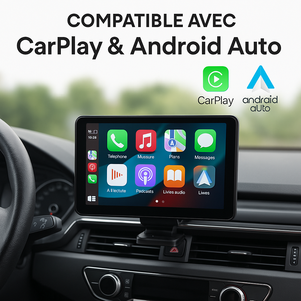 Théo - Écran Tactile Voiture 7" – CarPlay & Android Auto | Bluetooth, Wi-Fi, Siri, Mirror Link | Contient 1 Support, 1 Câble USB C, 1 Câble Aux, 1 Prise Allume Cigare