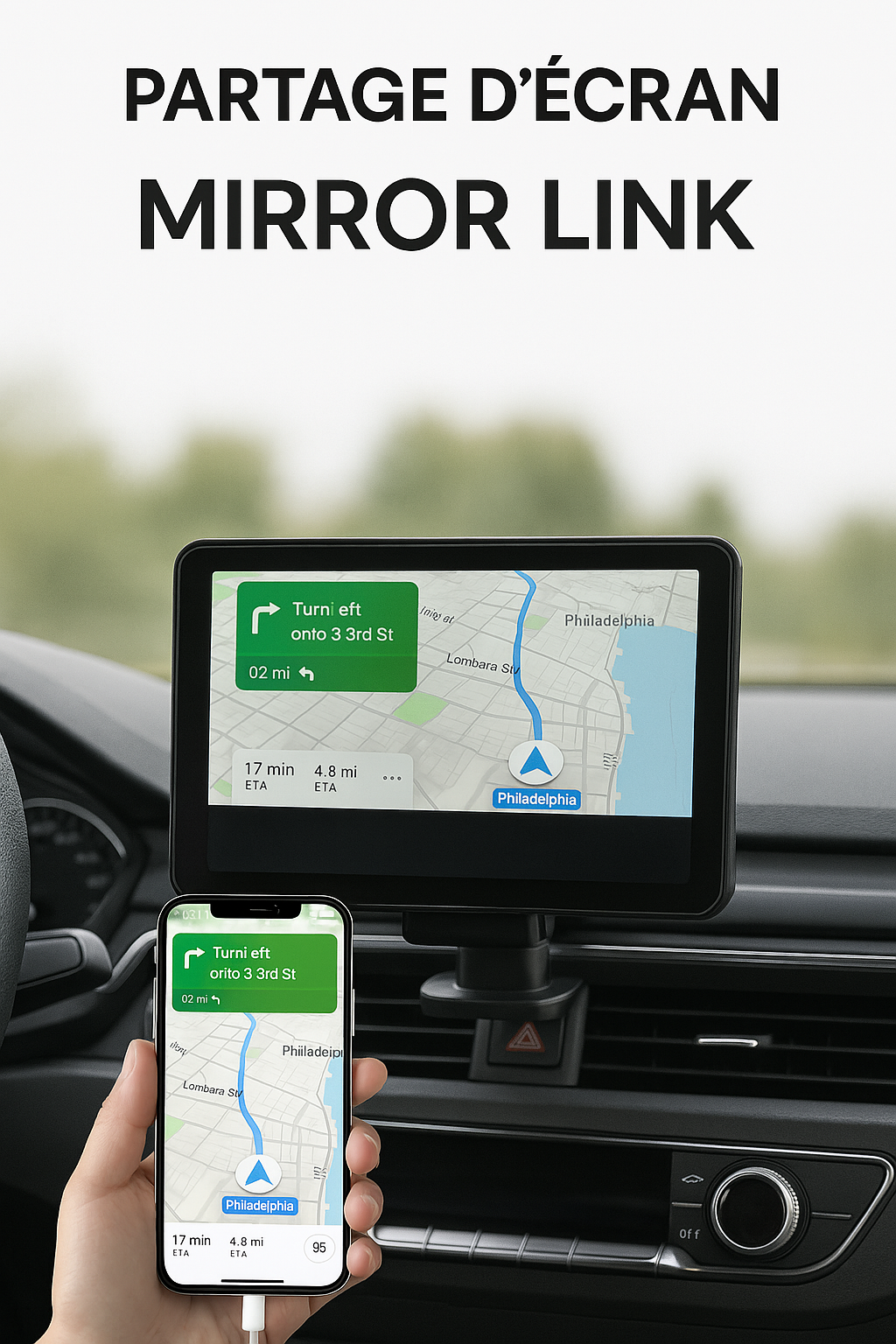 Théo - Écran Tactile Voiture 7" – CarPlay & Android Auto | Bluetooth, Wi-Fi, Siri, Mirror Link | Contient 1 Support, 1 Câble USB C, 1 Câble Aux, 1 Prise Allume Cigare