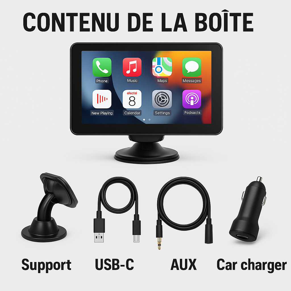 Théo - Écran Tactile Voiture 7" – CarPlay & Android Auto | Bluetooth, Wi-Fi, Siri, Mirror Link | Contient 1 Support, 1 Câble USB C, 1 Câble Aux, 1 Prise Allume Cigare