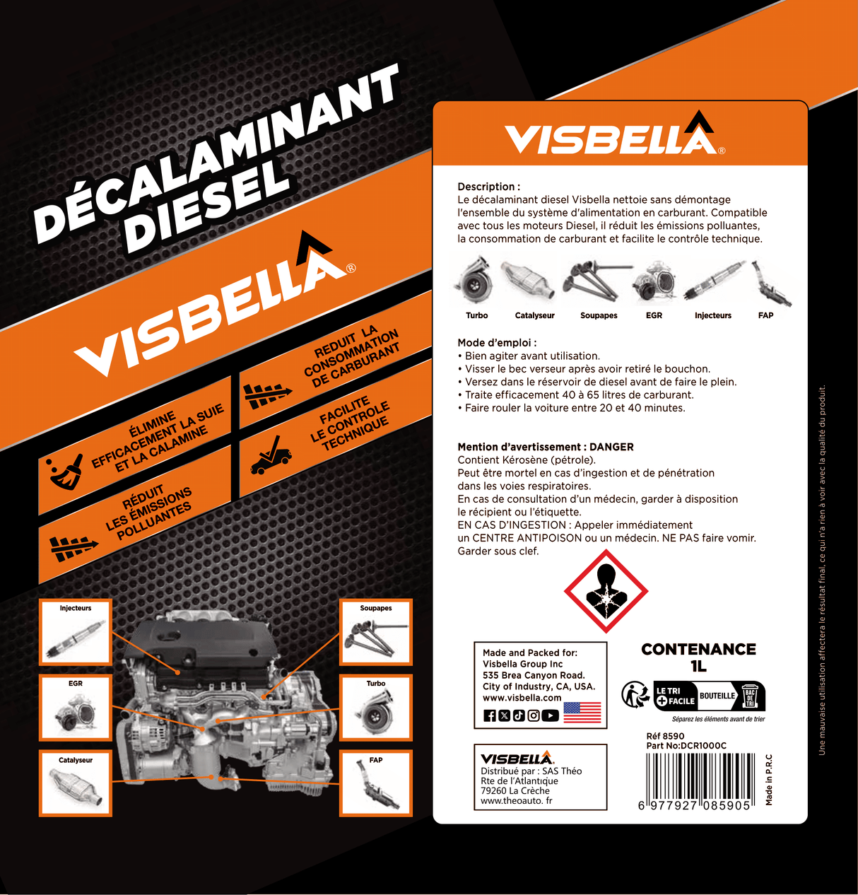 VISBELLA - Nettoyant Décalaminant Diesel - Décrassant moteur Diesel 6 en 1 - Réduit la consommation de carburant - Facilite le contrôle technique - Nettoie le système de carburant - 1L