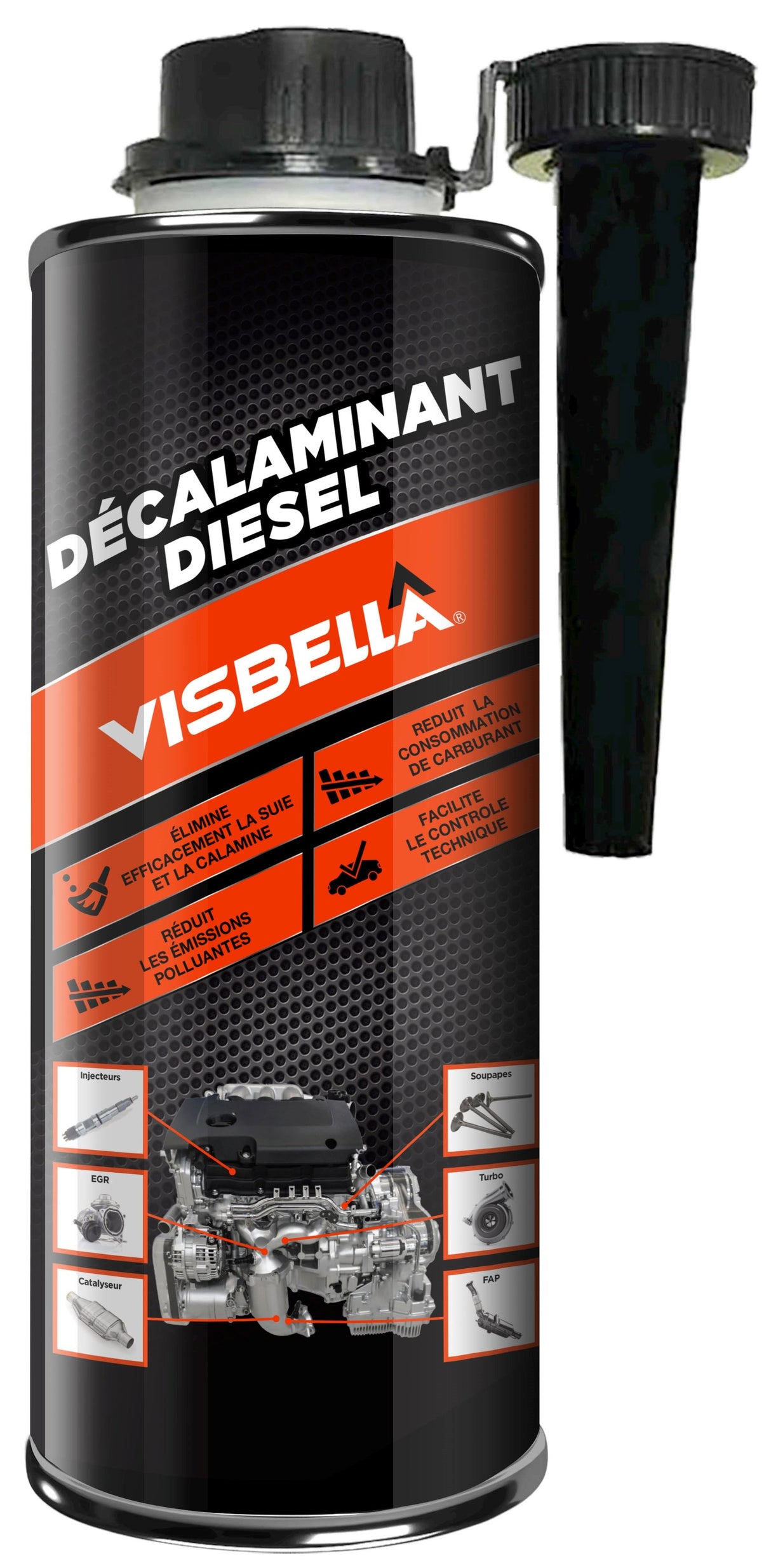 VISBELLA - Nettoyant Décalaminant Diesel - Décrassant moteur Diesel 6 en 1 - Réduit la consommation de carburant - Facilite le contrôle technique - Nettoie le système de carburant - 1L