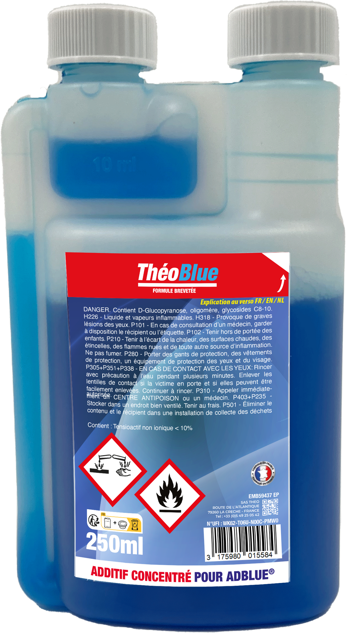 Anti-Cristallisant ADBLUE THEOBLUE (250 ml) - Additif ADBLUE HAUTE PERFORMANCE - Nettoyant FAP et SCR - Facile à utiliser - 250ml pour 10 pleins d'ADBLUE - Meilleure durée de vie de votre auto