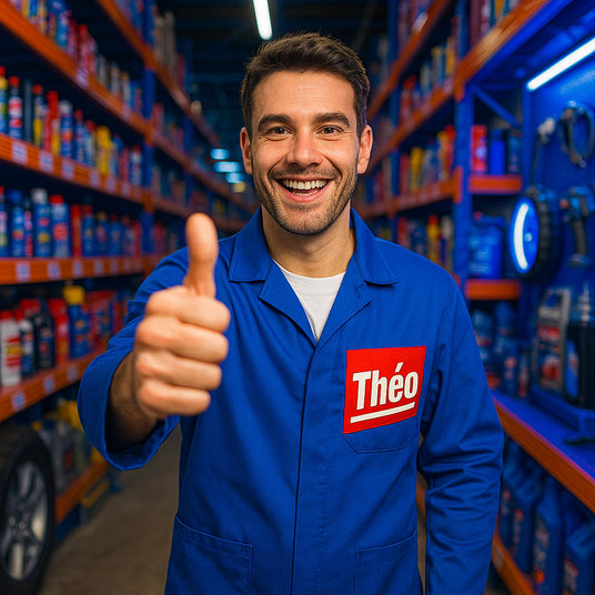 Conseiller expert de Théo auto, souriant en uniforme, donnant son approbation avec un pouce en l'air dans un magasin de pièces automobiles.