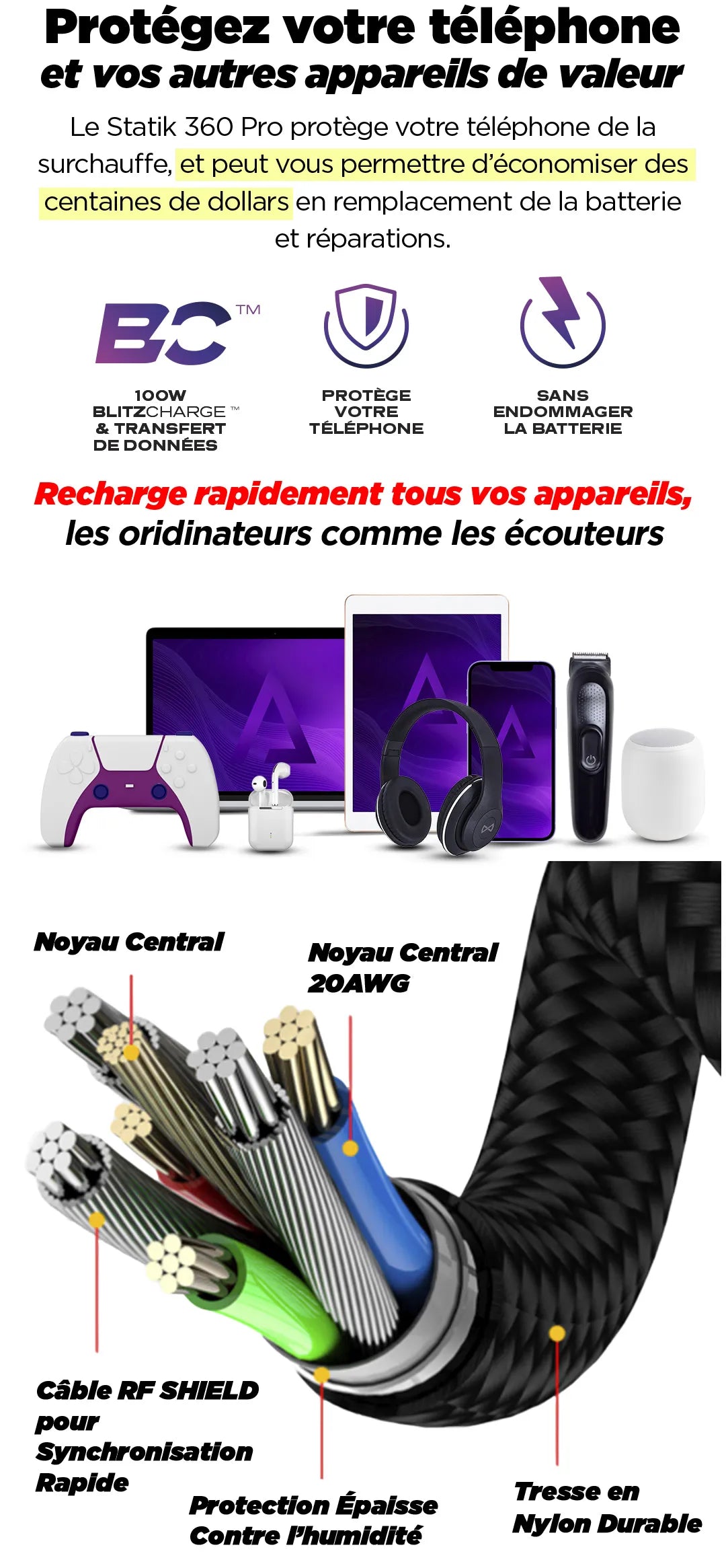 Statik - Câble Téléphone Multi-embouts - Statik 360 Pro Cable 2.0 - Plusieurs Tailles