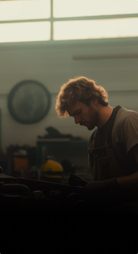 Expert en entretien du système de freinage effectuant un diagnostic technique dans un garage, éclairage en contre-jour.