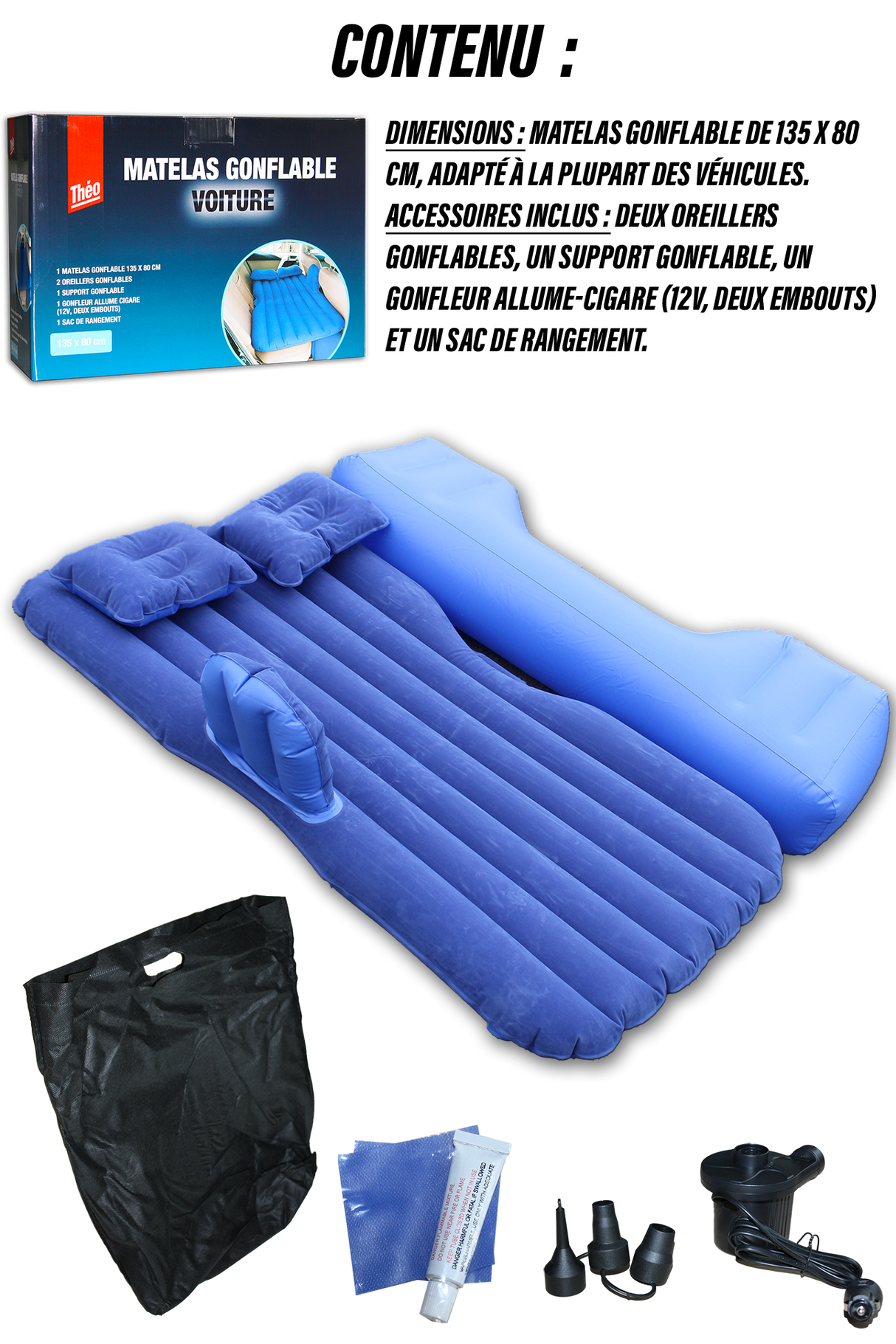 Théo - Matelas Gonflable Voiture - Idéal sur les sièges arrières