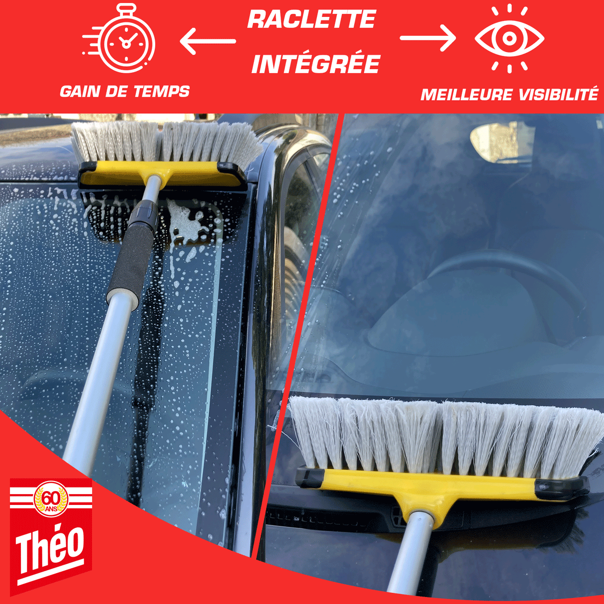 Brosse Lavage Voiture Télescopique jusqu'à 165 cm, Balai Brosse Télescopique Lavage, Lavage Optimal Brosse Douce, Manche résistant alu, Confort de Maintien, Gain de Temps avec la Raclette Intégrée
