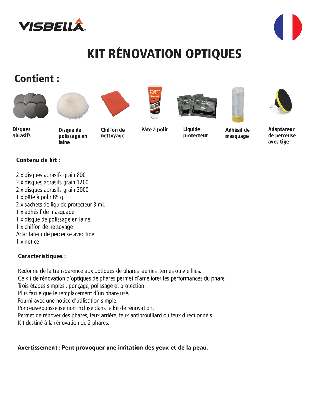 Visbella Kit de Rénovation pour Optiques de Phare - Réparation et Polissage Mécanique pour Restauration de Transparence et Brillance - Idéal pour Voitures, Motos et Camions