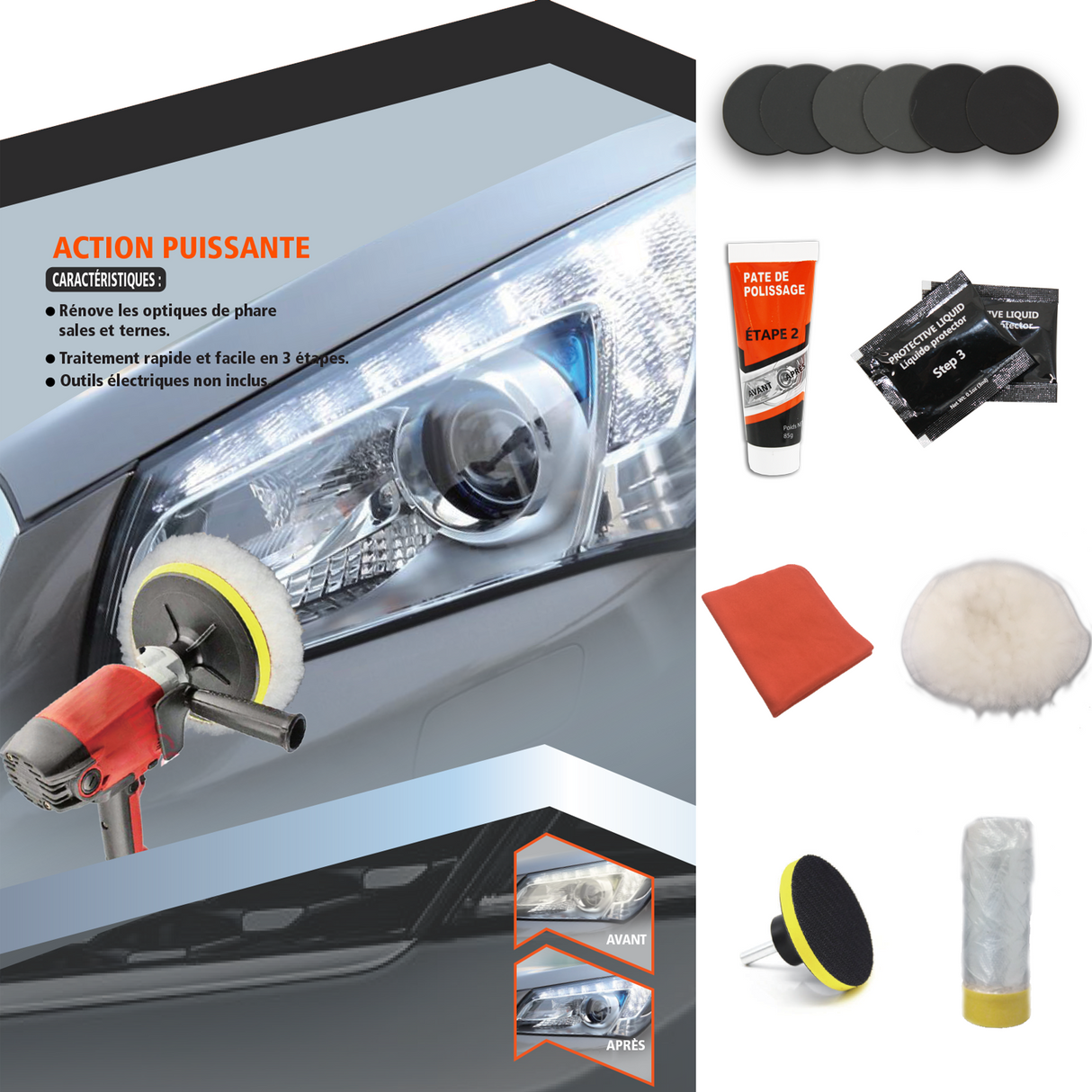 Visbella Kit de Rénovation pour Optiques de Phare - Réparation et Polissage Mécanique pour Restauration de Transparence et Brillance - Idéal pour Voitures, Motos et Camions