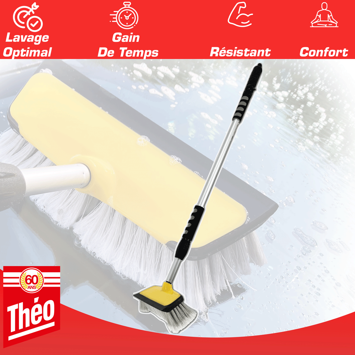 Brosse Lavage Voiture Télescopique jusqu'à 165 cm, Balai Brosse Télescopique Lavage, Lavage Optimal Brosse Douce, Manche résistant alu, Confort de Maintien, Gain de Temps avec la Raclette Intégrée