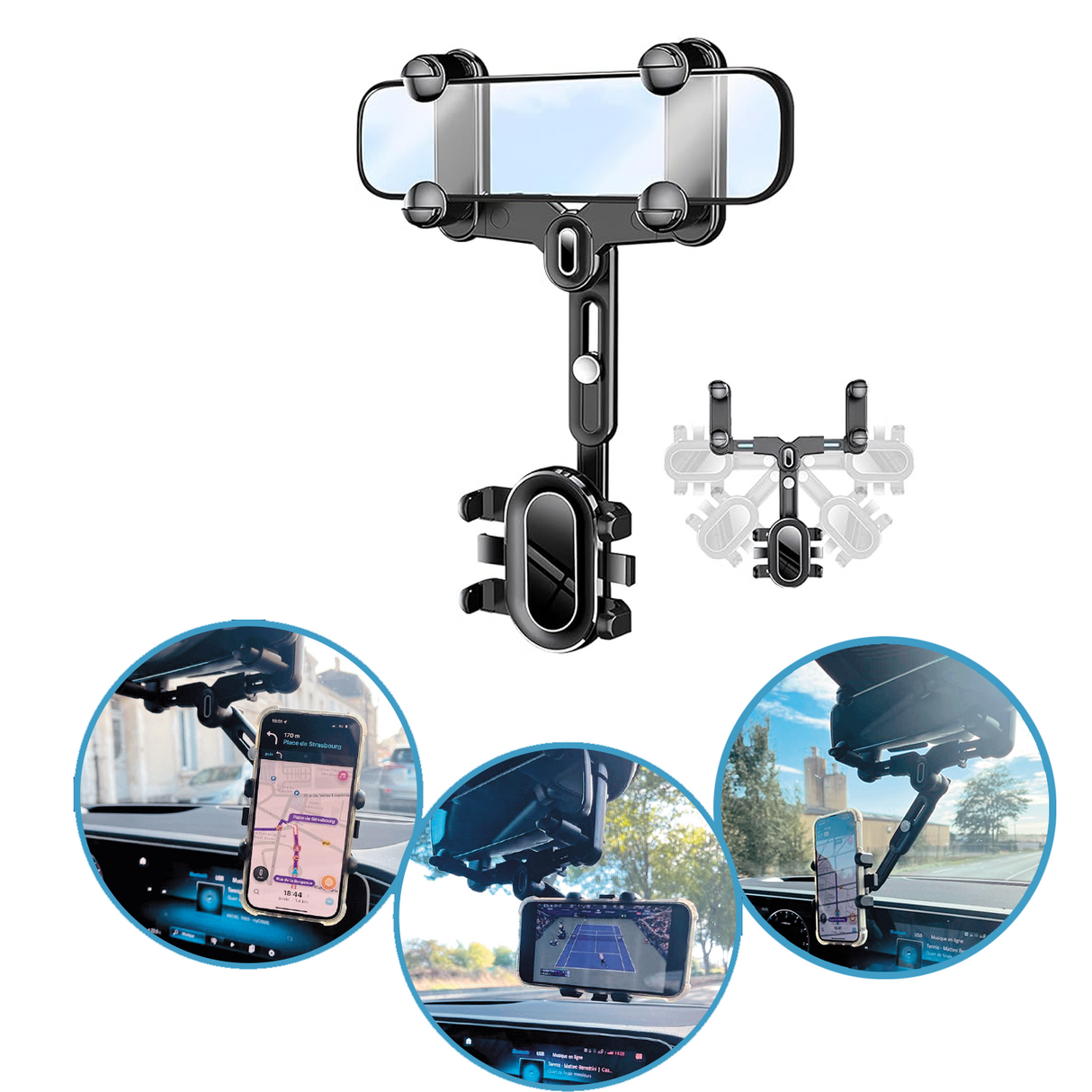 Support Téléphone Universel De Voiture pour Rétroviseur 360°, Toutes Voitures Compatibles, Facile à Installer, Durable