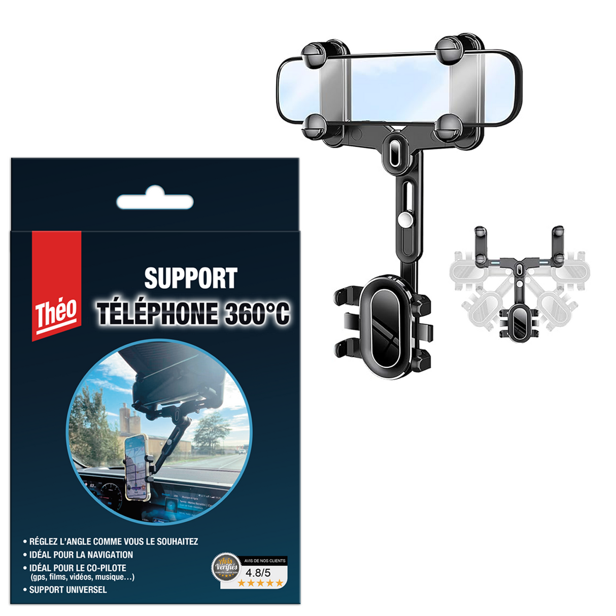 Support Téléphone Universel De Voiture pour Rétroviseur 360°, Toutes Voitures Compatibles, Facile à Installer, Durable