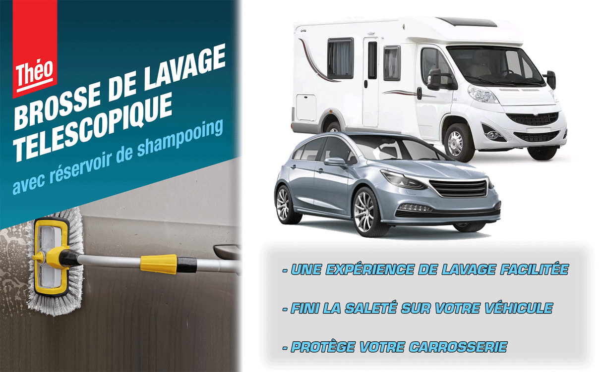 Brosse de Lavage de Voiture Télescopique 180cm, Réservoir de Shampooing intégré, Equipement de Lavage Voitures, SUV, Caravanes, Camions, Camping-Cars ...
