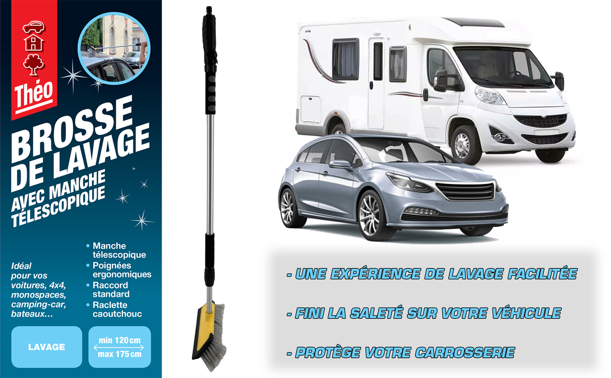Brosse Lavage Voiture Télescopique jusqu à 165 cm, Balai Brosse Télescopique Lavage, Lavage Optimal Brosse Douce, Manche résistant alu, Confort de Maintien, Gain de Temps avec la Raclette Intégrée