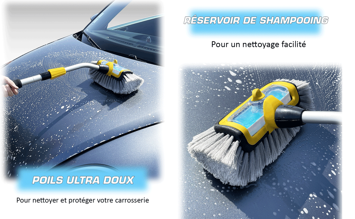 Brosse de Lavage de Voiture Télescopique 180cm, Réservoir de Shampooing intégré, Equipement de Lavage Voitures, SUV, Caravanes, Camions, Camping-Cars ...