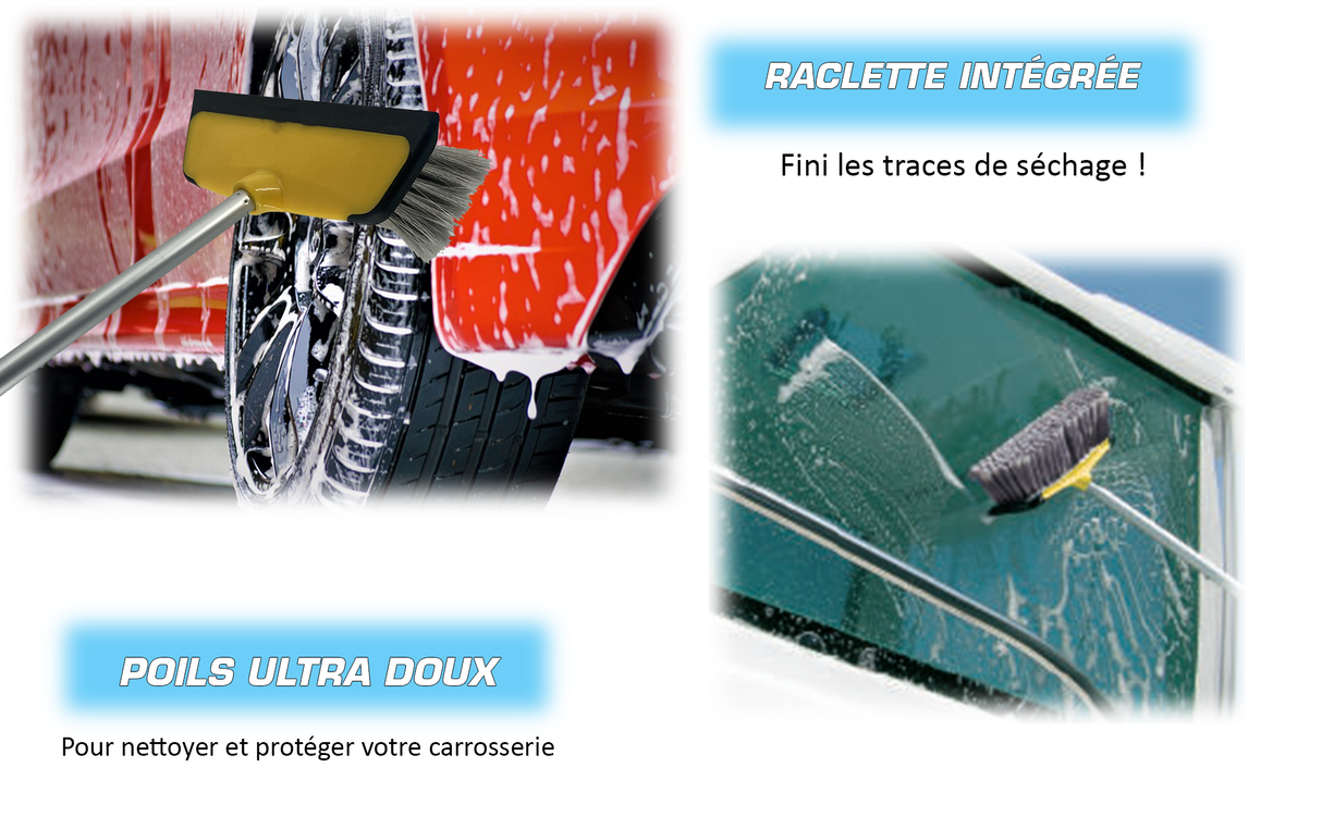 Brosse Lavage Voiture Télescopique jusqu à 165 cm, Balai Brosse Télescopique Lavage, Lavage Optimal Brosse Douce, Manche résistant alu, Confort de Maintien, Gain de Temps avec la Raclette Intégrée