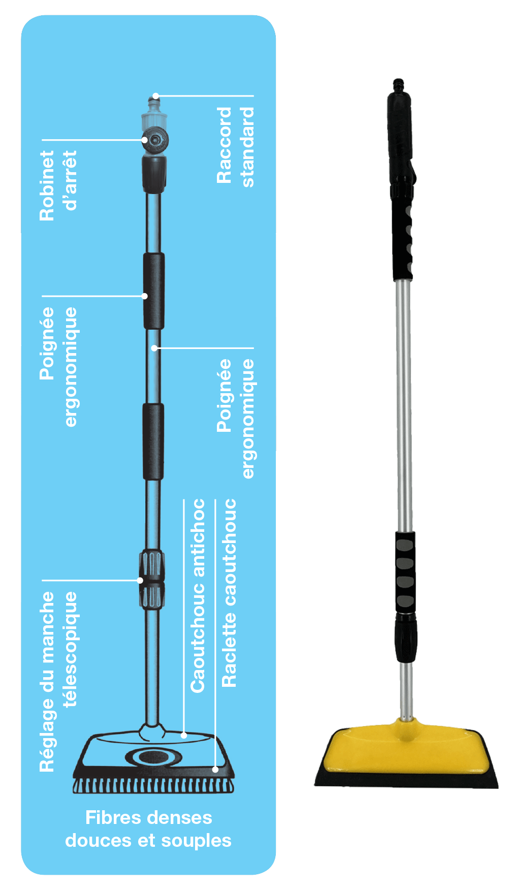 Brosse Lavage Voiture Télescopique jusqu à 165 cm, Balai Brosse Télescopique Lavage, Lavage Optimal Brosse Douce, Manche résistant alu, Confort de Maintien, Gain de Temps avec la Raclette Intégrée