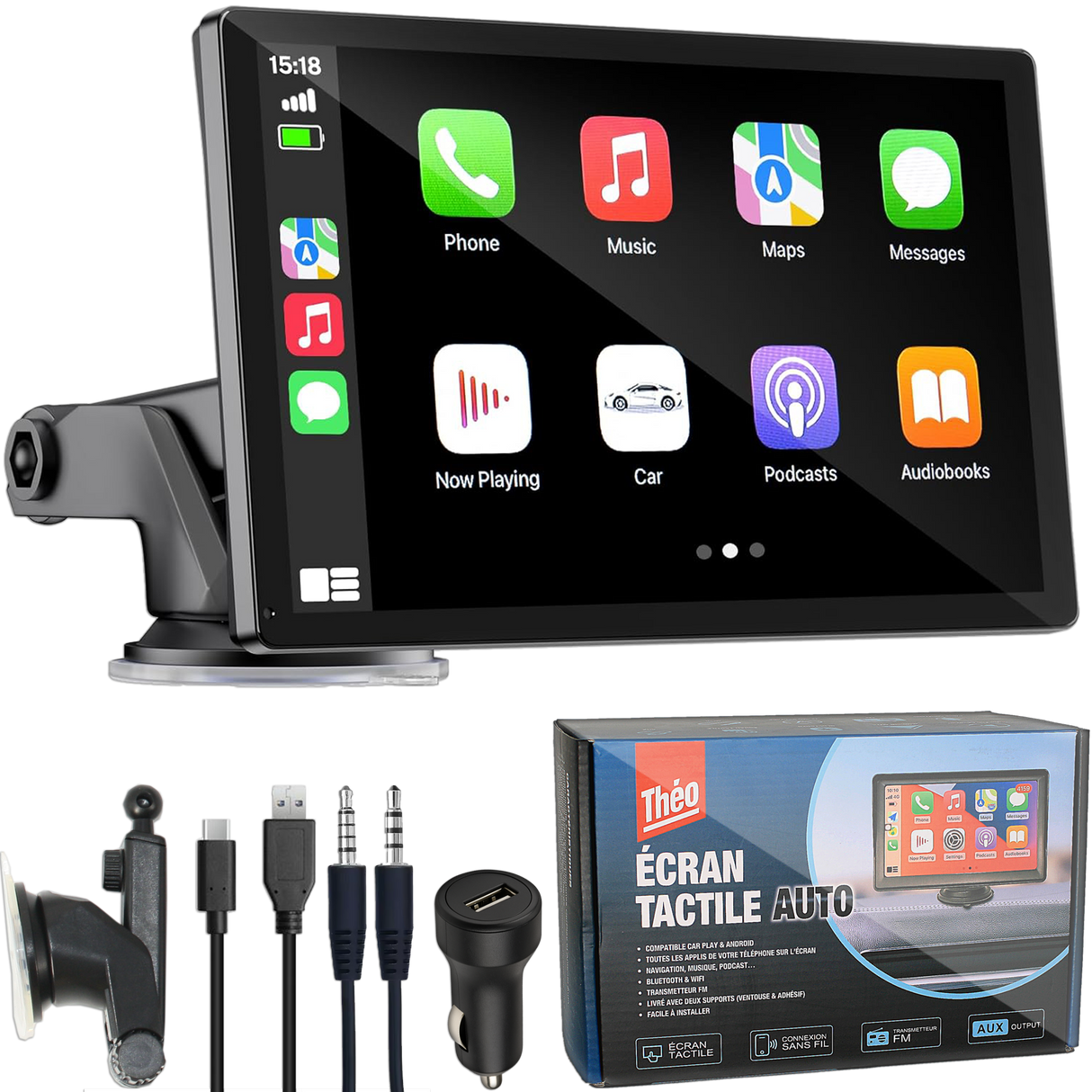 Théo - Écran Tactile Voiture 7" – CarPlay & Android Auto | Bluetooth, Wi-Fi, Siri, Mirror Link | Contient 1 Support, 1 Câble USB C, 1 Câble Aux, 1 Prise Allume Cigare