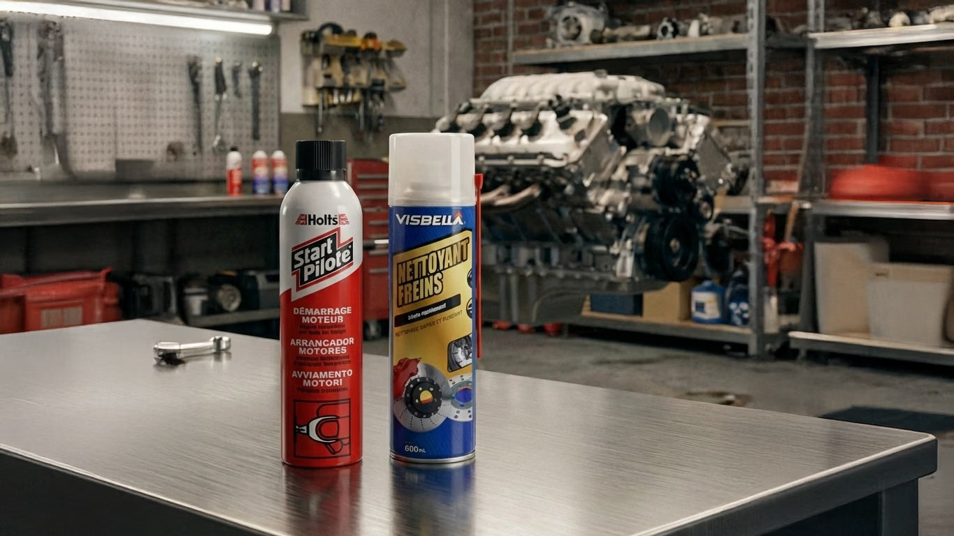 Comparaison visuelle : une bombe de Start Pilote et une bombe de nettoyant frein posées côte à côte sur un établi d'atelier mécanique.