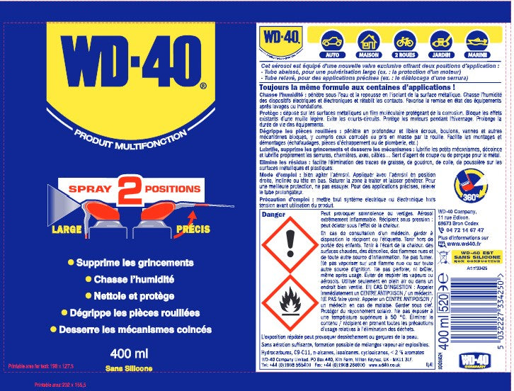 WD-40 Aérosol 250ml Spray Double Position +10% Gratuit – Lubrifiant, Dégrippant et Protecteur Polyvalent