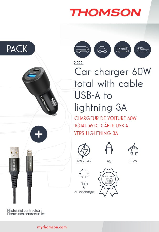 Thomson - PACK CHARGEUR VOITURE 60W  + CABLE LIGHTNING 5A
