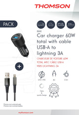 Thomson - PACK CHARGEUR VOITURE 60W  + CABLE LIGHTNING 5A