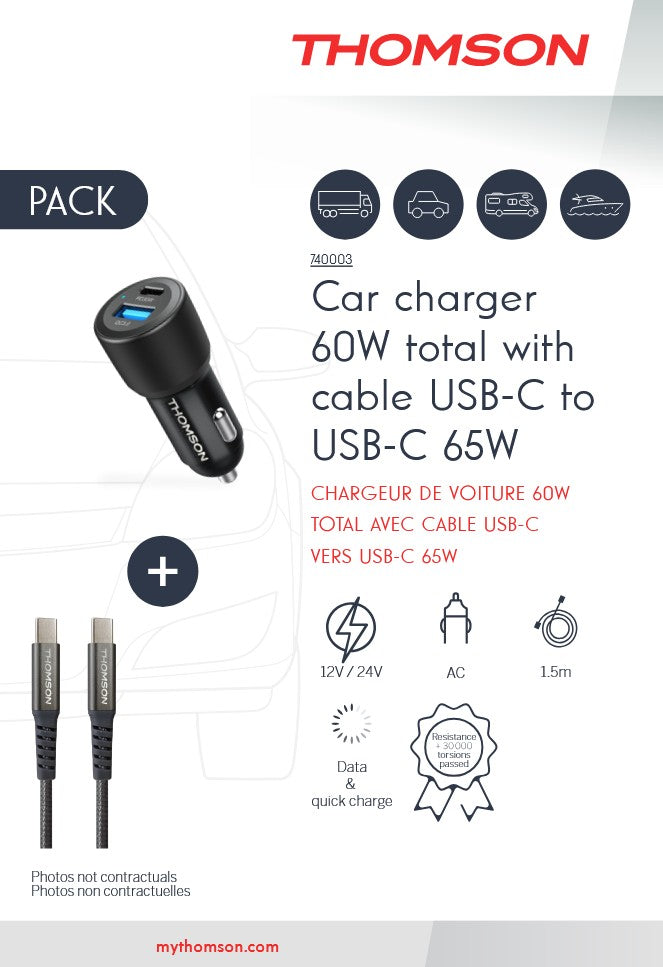 Thomson - Pack Chargeur De Voiture 60w + Cable USB-C 65W