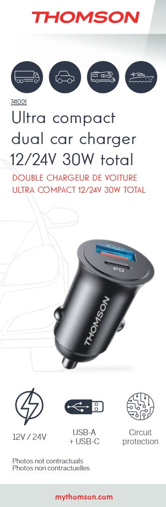 Thomson - CHARGEUR DE VOITURE ULTRA COMPACT 12/24V PD 20W QC 3.0 18W