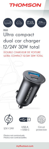 Thomson - CHARGEUR DE VOITURE ULTRA COMPACT 12/24V PD 20W QC 3.0 18W
