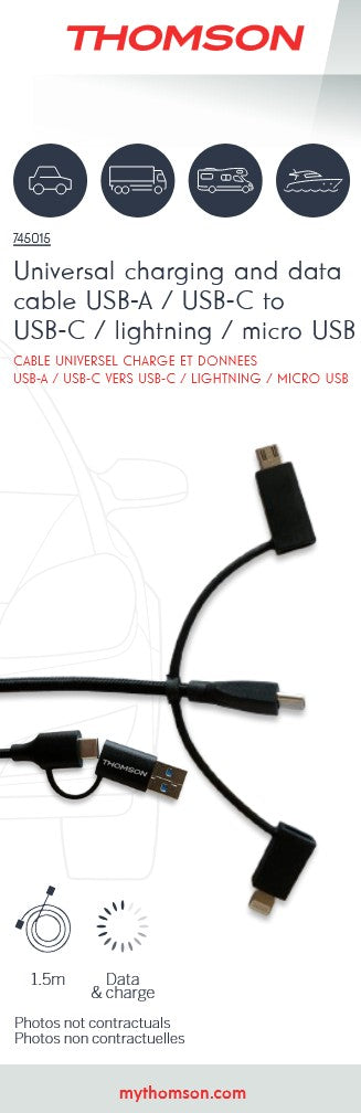 Thomson - CABLE UNIVERSEL DE CHARGE & DONNÉES 2.4A / 60W MULTI SORTIE