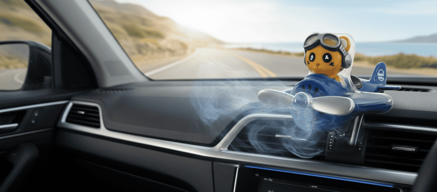Diffuseur de parfum pour voiture au design original d'avion avec un pilote, clipsé sur une grille d'aération et libérant une senteur agréable dans l'habitacle du véhicule.