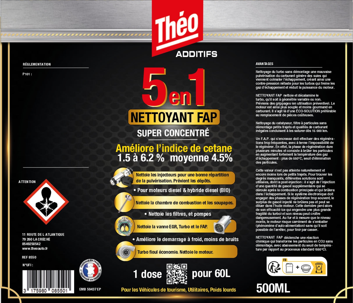 Théo - Nettoyant FAP|DPF CLEANER : Décrassage Turbo, Catalyseur & Filtre à Particules Sans Démontage pour Plus de Performance et Moins de Consommation - 500 ML