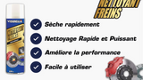 Bannière infographique pour le nettoyant frein Visbella qui met en avant ses avantages clés : un séchage rapide , un nettoyage puissant et une amélioration de la performance des freins.
