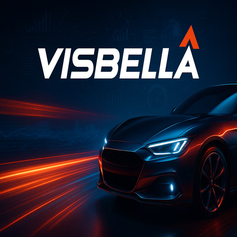 Logo de la marque Visbella au-dessus d'une voiture de sport moderne, avec des effets de lumière rouge et bleu symbolisant la performance et la vitesse.