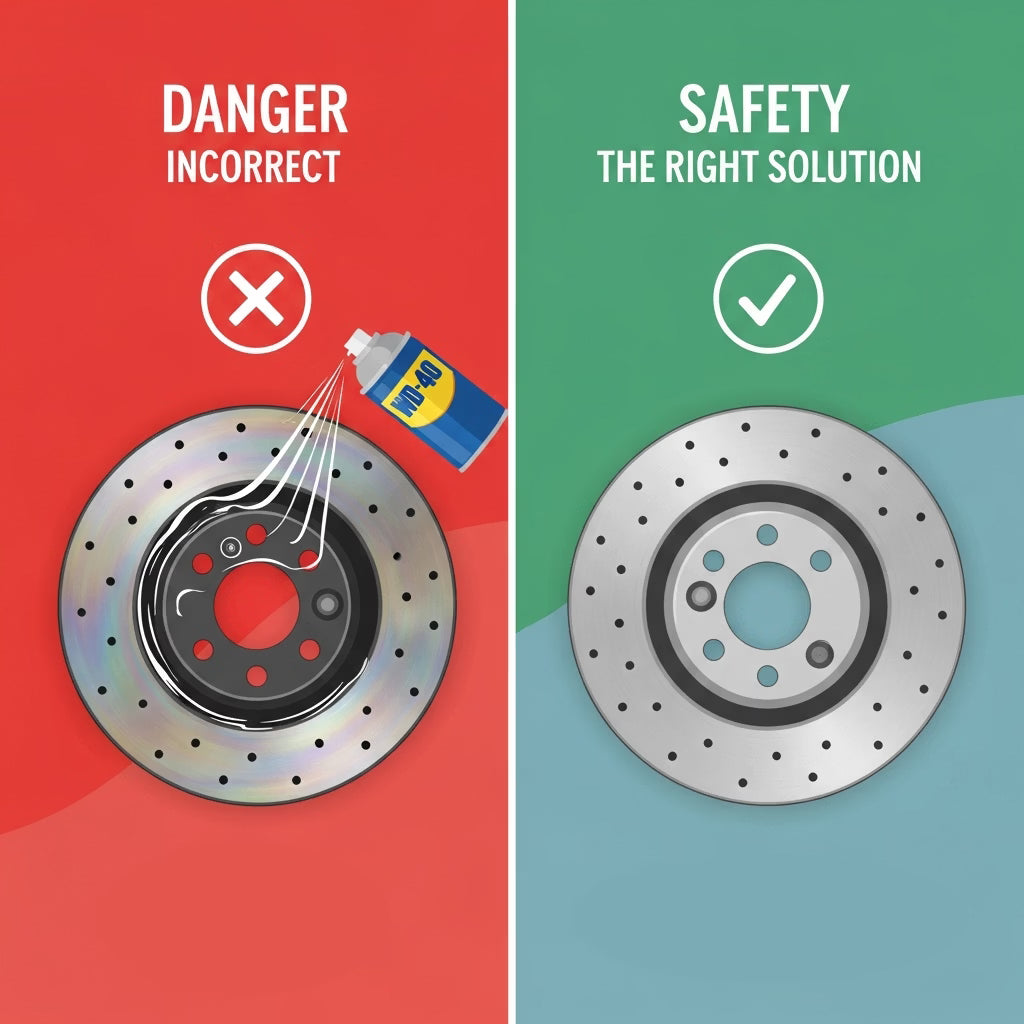 Infographie de sécurité DANGER/SÉCURITÉ : Comparaison visuelle montrant l'application INCORRECTE d'un lubrifiant (type WD-40) sur un disque de frein et l'état CORRECT d'un disque propre et sec pour assurer la friction.