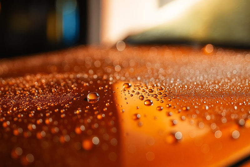 Effet déperlant de l'eau sur une carrosserie de voiture orange, démontrant l'efficacité d'une protection par cire ou traitement céramique.