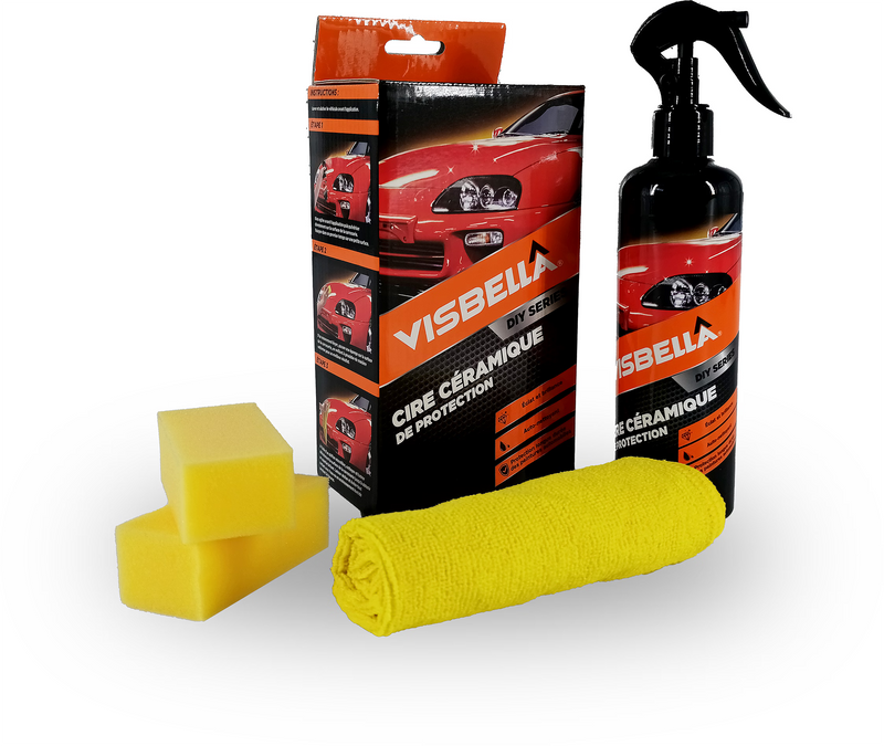 Kit de cire céramique de protection Visbella, comprenant le flacon pulvérisateur, deux éponges d'application jaunes et un chiffon microfibre.