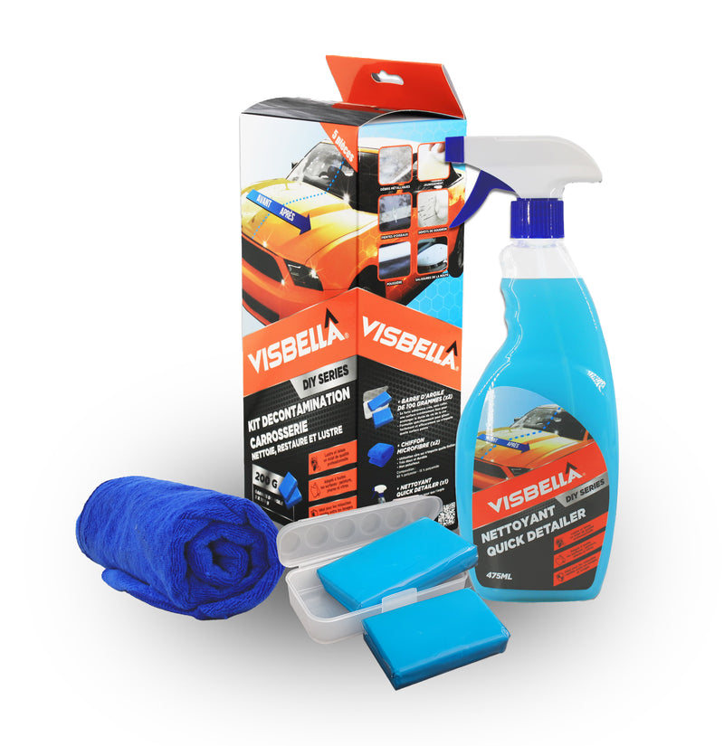 Kit de décontamination pour carrosserie Visbella, incluant le spray nettoyant Quick Detailer, le chiffon microfibre bleu et les deux barres d'argile dans leur boîtier de rangement.