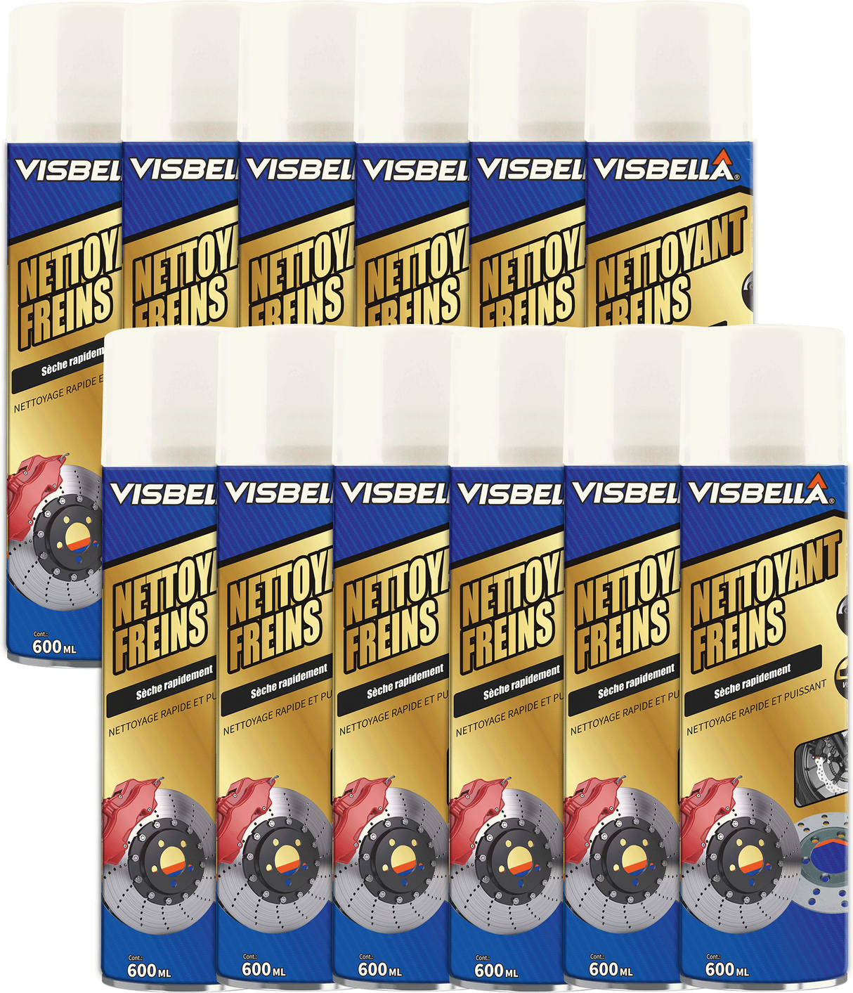 Lot de douze bombes de nettoyant frein Visbella 600ml , un dégraissant puissant à séchage rapide  pour l'entretien des freins.