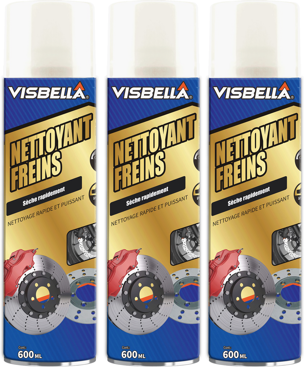Lot de trois bombes de nettoyant frein Visbella 600ml, un dégraissant puissant à séchage rapide pour l'entretien des freins.