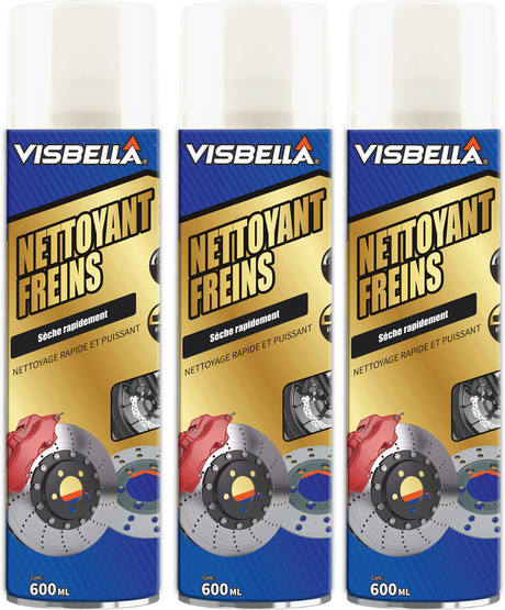 Lot de trois bombes de nettoyant frein Visbella 600ml, un dégraissant puissant à séchage rapide pour l'entretien des freins.