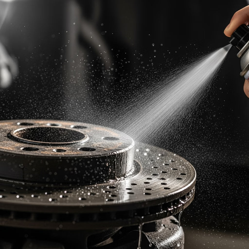 Gros plan (macro) dynamique montrant l'application d'un nettoyant frein en aérosol sur un disque de frein sale et graisseux, le jet de produit dissolvant instantanément la crasse.